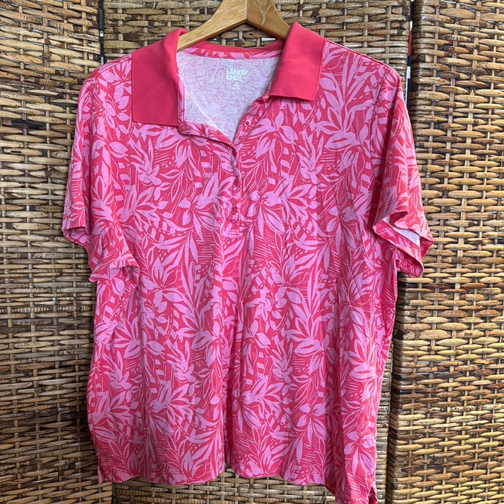 Lands' End Women's Pink Patterned Polo Shirt Floral Tropical Summer Spring